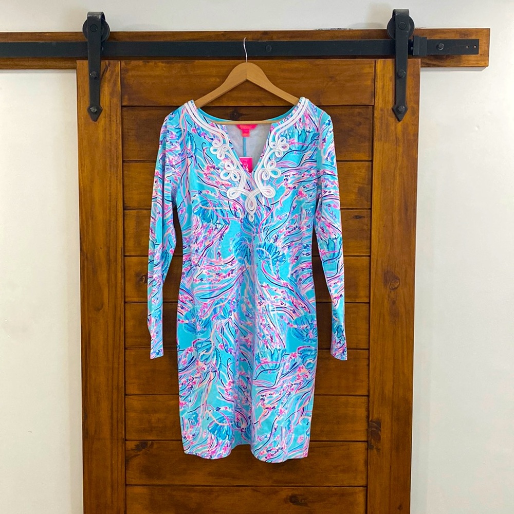 Lilly Pulitzer NWT long sleeve Harper shift dress bayside blue under the moon L